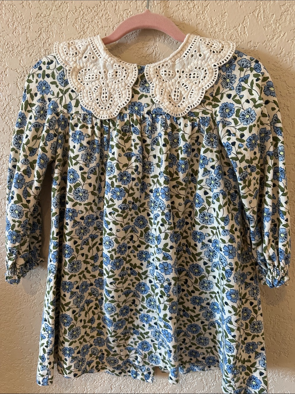 Zara Blue Floral Long-Sleeve Dress with Cream Lace Collar